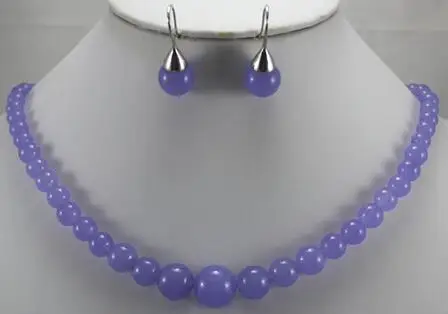 

noble 6-12mm 18" purple Natural jade bead necklace & stud earrings jewelry set