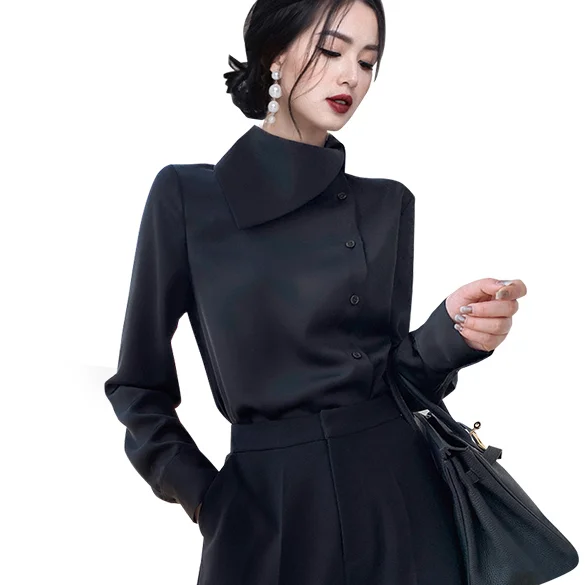 

Office Lady Black Satin Shirts Irregular Button Up Shirts Women Long Sleeve White Satin Shirts Elegant Lady's Satin Tops