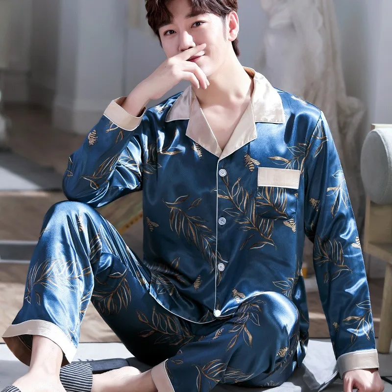 

Purple Men 2PCS Pajamas Set Print Sleepwear Casual Soft Nightwear Bathrobe Long Sleeve Sleep Set Pijamas Suit Satin Homewear 3XL