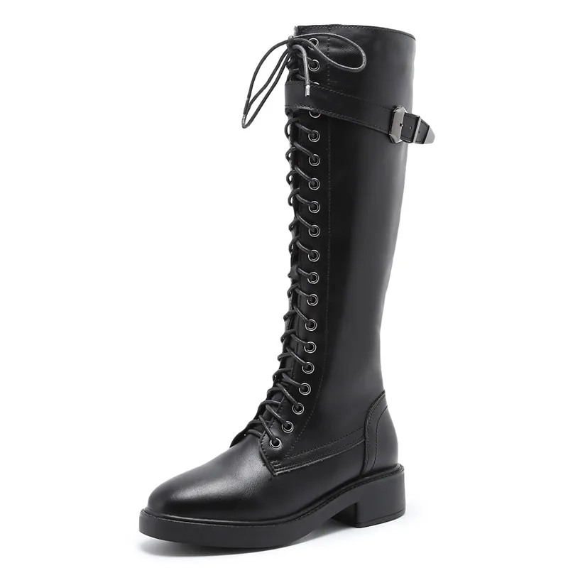 

Fashion Platform Women's Knight Boots Black White Autumn Winter Female Martin Boots Zipper Belt Buckle Casual Ladies Shoes New