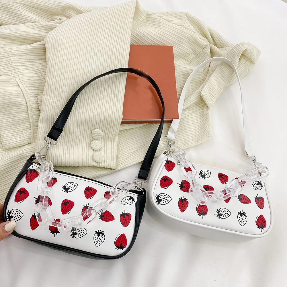

2021 Women Cartoon Strawberry Cat Pattern Small Shoulder Bags Soft Pu Leather Underarm Bag Female Acrylic Chain Small Purses