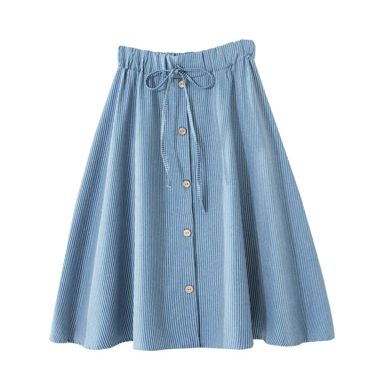 

TFETTERS High Waist Denim Skirt Female 2021 New Summer Literature and Art Student Joker Striped A-line Skirt