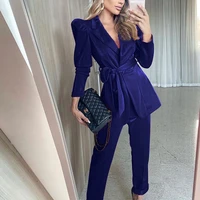 women two piece sets elegant v neck long sleeve office lady sashes blazers shirts ankle length pants solid 2 pieces sets clothes