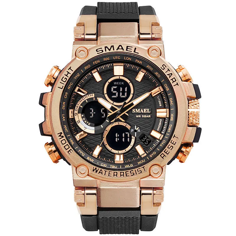 

Rose Gold Men Sport Watches Military Belt Watch Digital Chronograph Watch Mens Luminous Chronometre Week Display Wristwatches