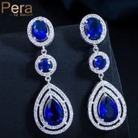 pera cz luxury bridal jewelry long big halo water drop royal blue cubic zirconia stone wedding dangle earrings for women e041