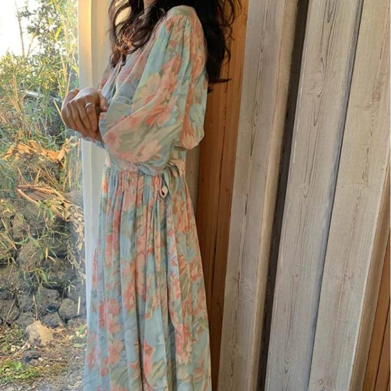 

New 2021 Summer Casual Women Lantern Short Sleeve Print Dress Ladies Elegant Lace Up A Line
