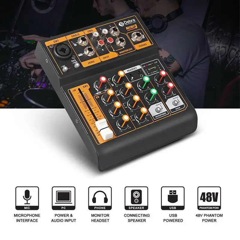 Мини 4 канала USB портативный микшер Live Studio аудио микшерный пульт DJ звук 48 в усилитель для караоке KTV вечерние звуковые карты