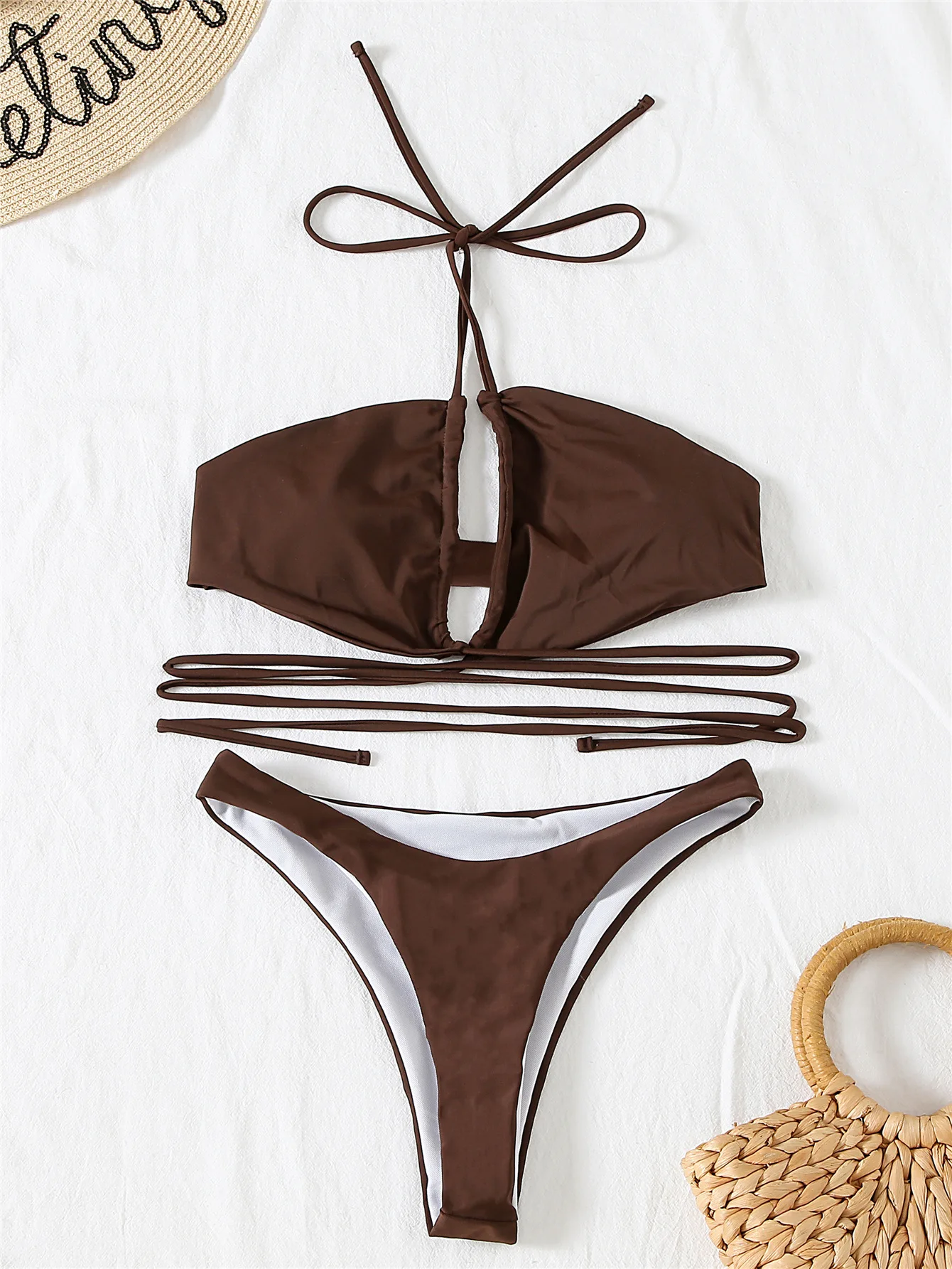

Sexy Solid Color Bikini 2021 Swimsuit Women Halter Lace Up Wrap Around Bikini Set Thong Swimwear Summer Bather Bathing Suit Swim