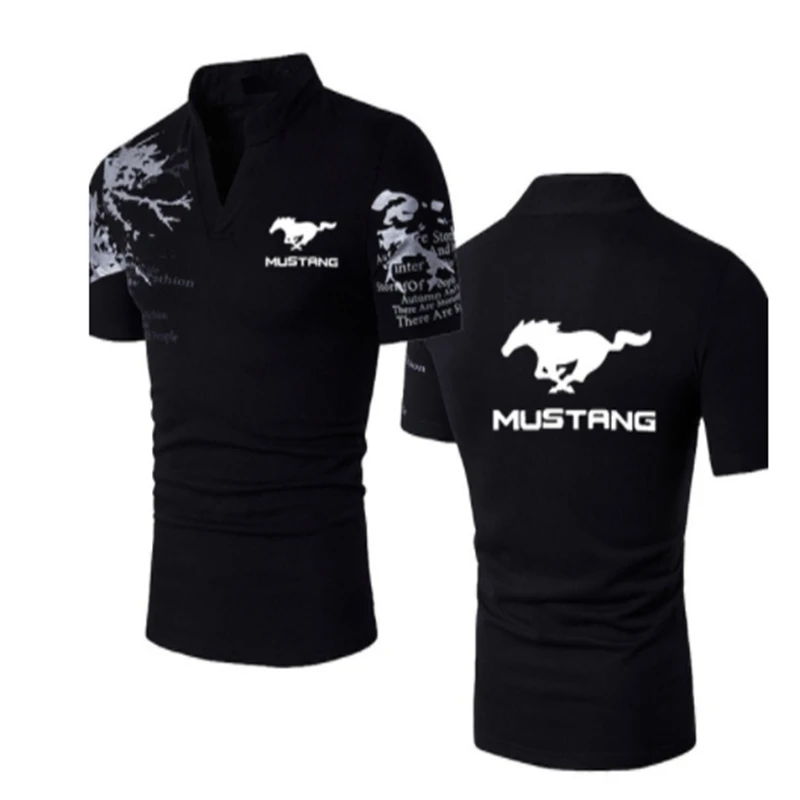 

NEW Summer Stand-up collar Printed Men's T-Shirt New mustang car logo cotton Casual high quality tees short sleeve Harajuku Tees
