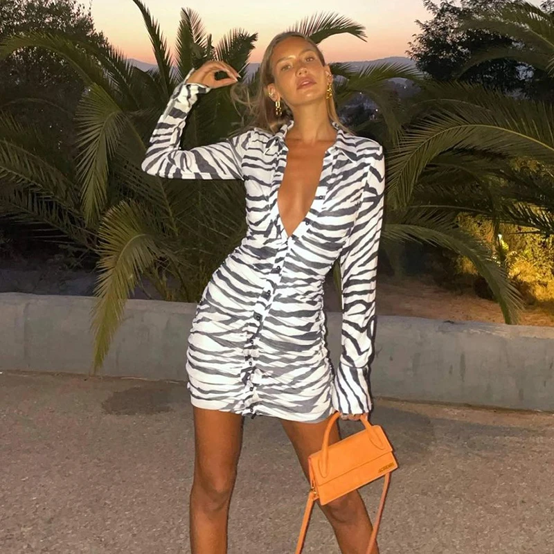 

2021 Autumn New Fashion Turn-Down Collar Single Breasted Mini Dress Women Zebra Sexy V-Neck Ruched Skinny Club Wear Vestido
