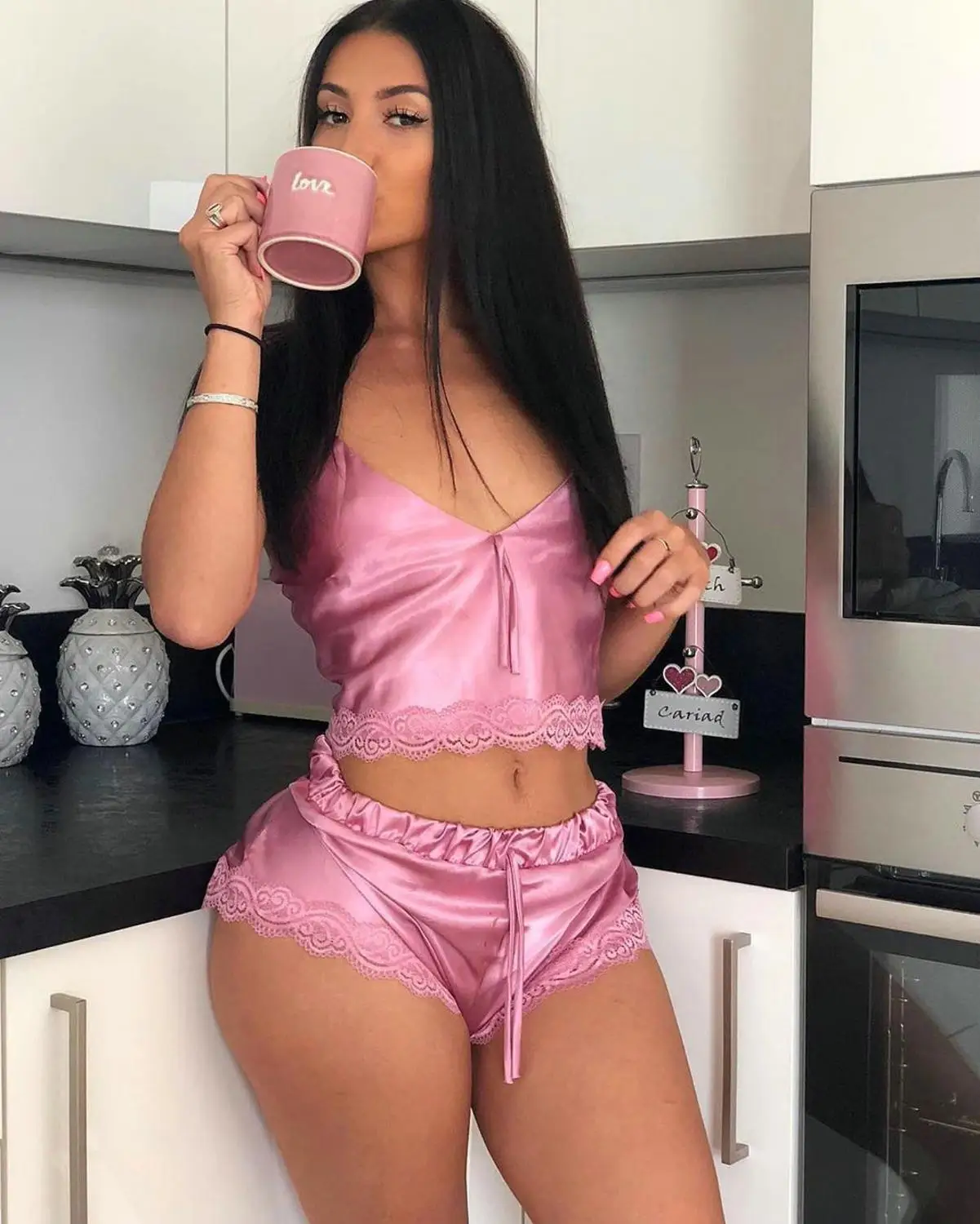 

BKLD Two Piece Shorts Set Crop Top Women Pink Sets 2019 Sexy Spaghetti Straps Lace Patchwork Satin Two Piece Set Women Outfits