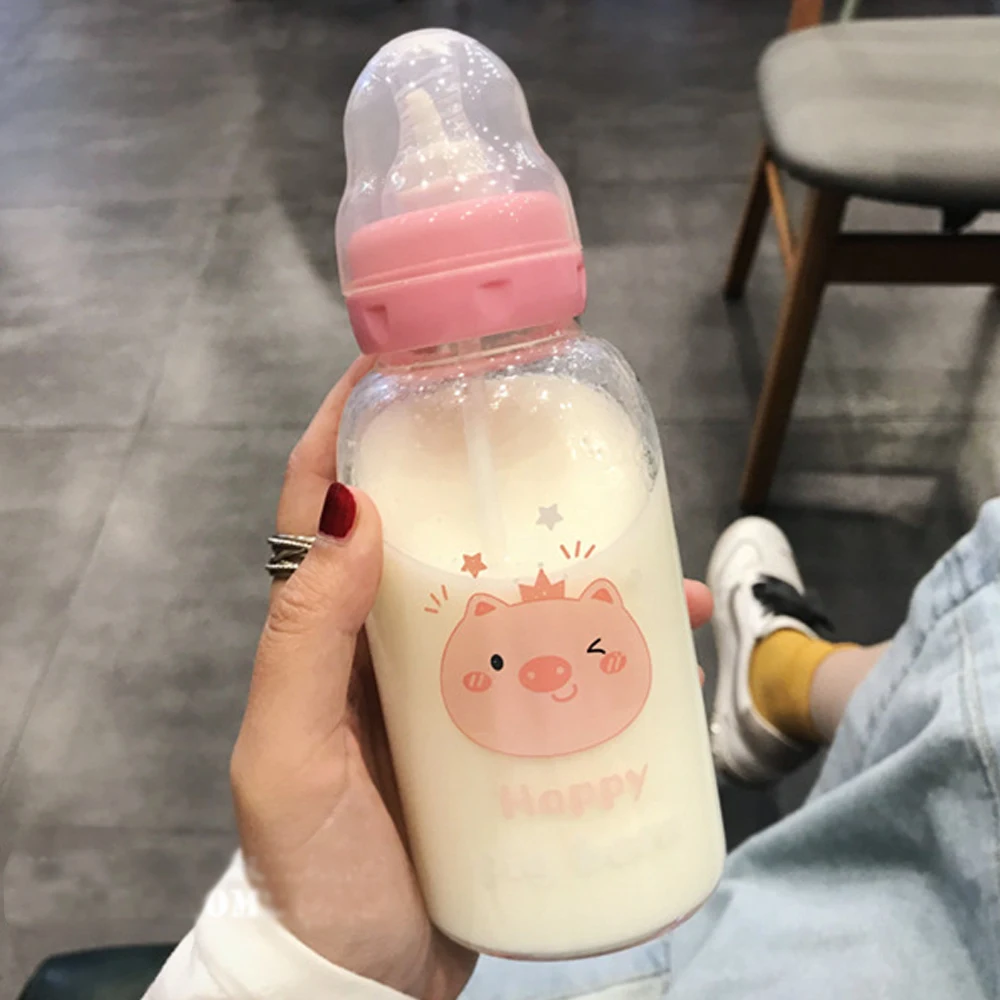 

Cute Cartoon Glass Water Bottle Pacifier Straw Cup Suitable for Adult Children Milk Glass Bottle Baby feeding Bottle