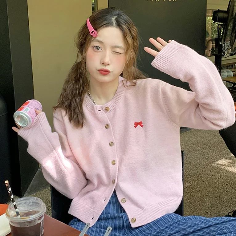 

2021 New Woman Cardigan Ladies Spring and Autumn Wear Japanese Design Loose Single Breasted Pink Short Sweater Knitted Jacket