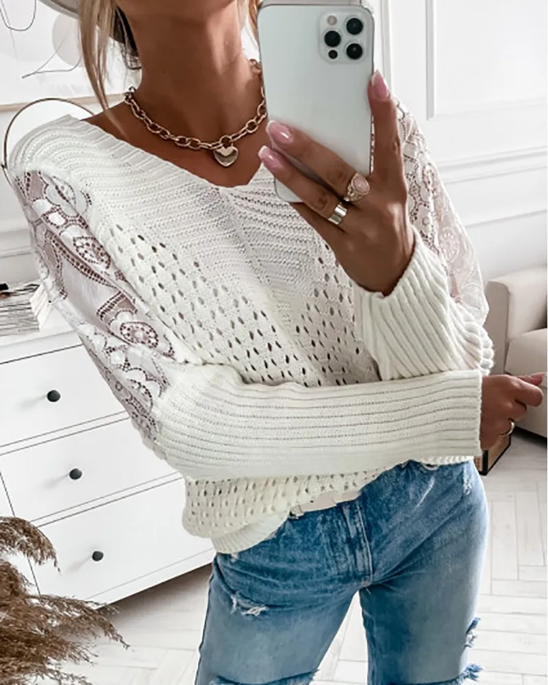 

Hollow Out Lace Patch Long Sleeve Sweater