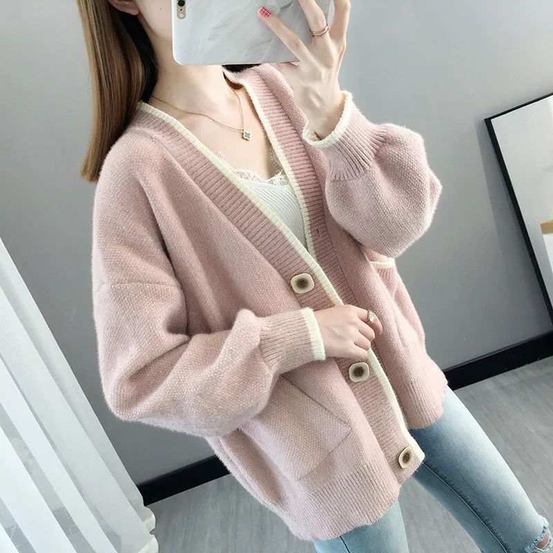 

Autumn Mink Fleece Knitted Sweaters Women Tops Fashion Long Sleeve Korean Cardigan Clothes Female Loose Knitwear Sweater G1607