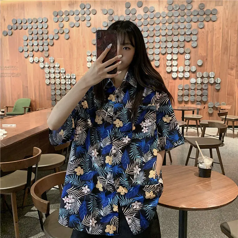 

Blouses Women Retro Print Chic Summer High Street Harajuku Oversized Girls Top All-match Stylish Turn-down Collar Ladies Shirts