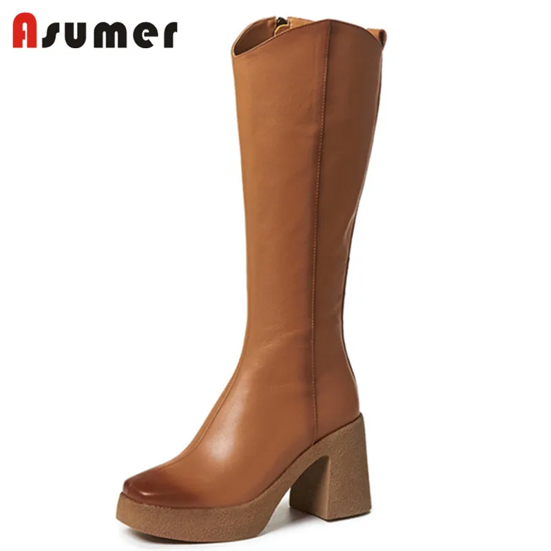 

Женские сапоги до колена Asumer, из натуральной кожи, на платформе и высоком каблуке, в винтажном стиле, 2021