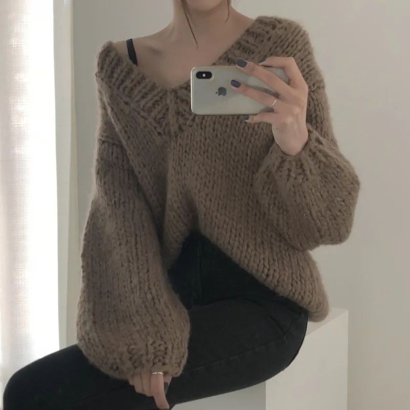 

PEONFLY Casual V Neck Long Sleeve Loose Women Pullover Sweaters 2020 Autumn Winter Chic Solid Color Female Knitted Jumpers