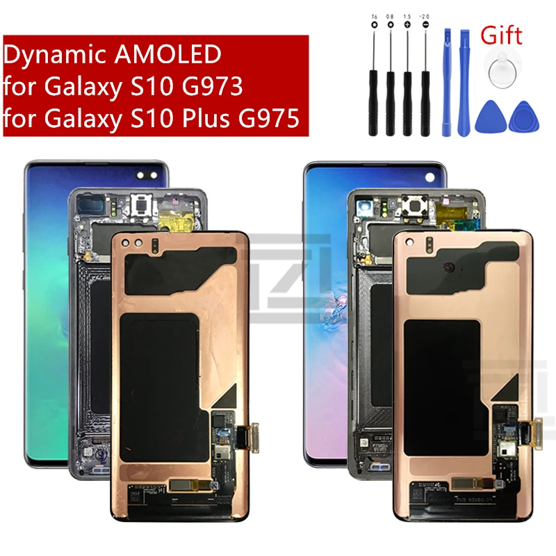 Montaje de digitalizador de pantalla t&aacute;ctil con Marco, piezas de repuesto para Samsung Galaxy S10 lcd G973 S10 Plus G975-0