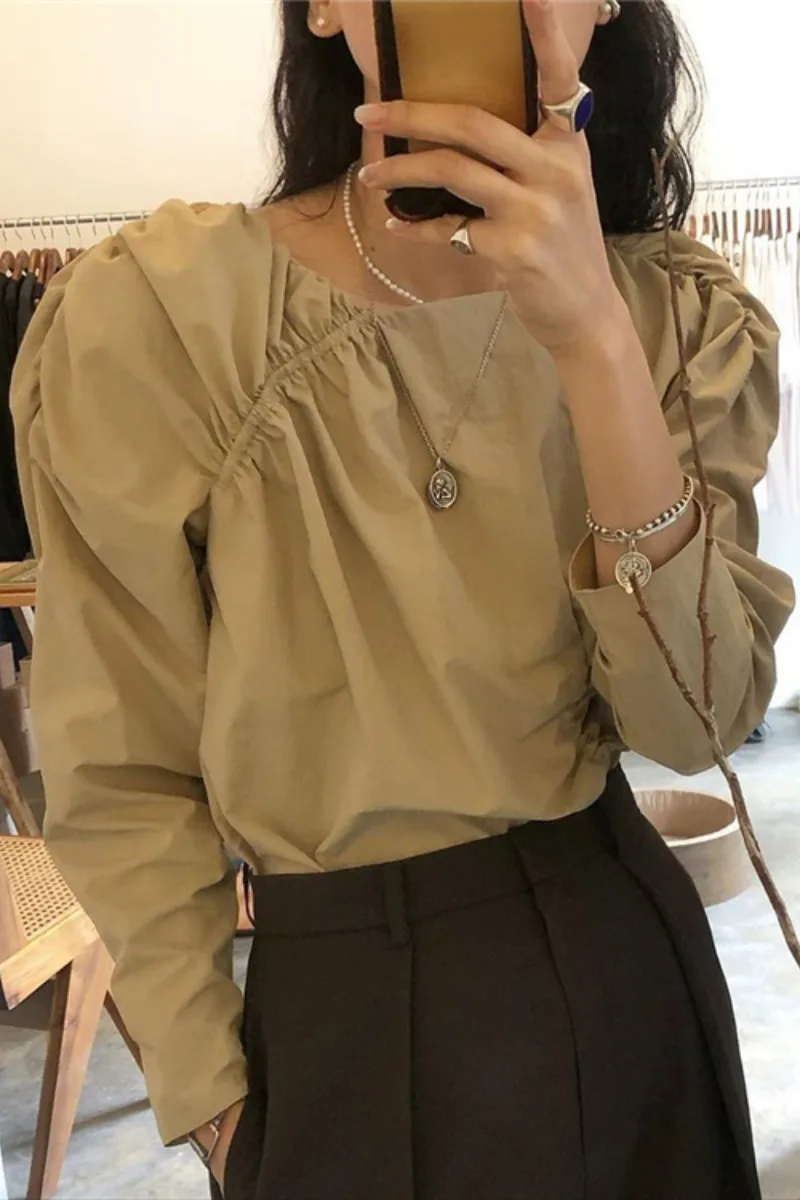 

Pleated Puff Sleeve Shirt Women's Autumn 2020 New Korean Loose Top Trend blusas largas party blouse Streetwear