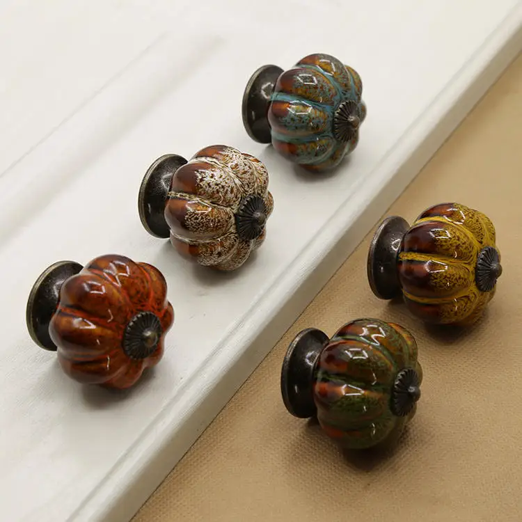 

1PC Ceramic European-style Kitchen Pastoral Single-hole Handle Desk Drawer Cupboard Wardrobe Door Leopard Ceramic Pumpkin Handle
