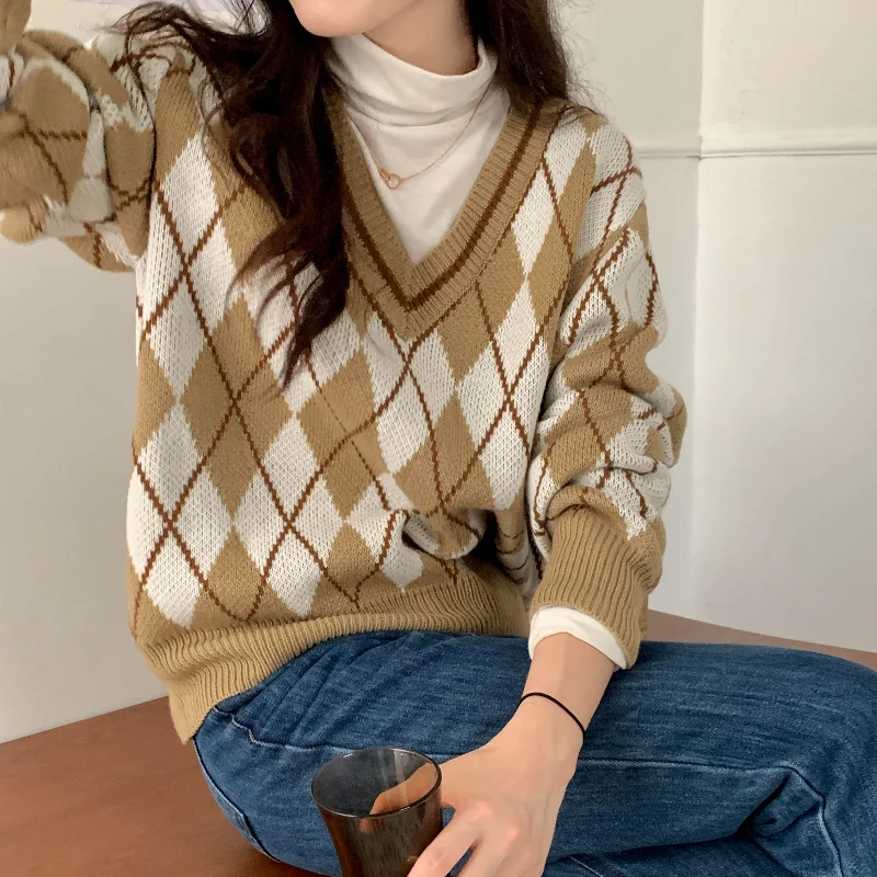 Женский трикотажный свитер с длинным рукавом V-образным вырезом | Женская одежда