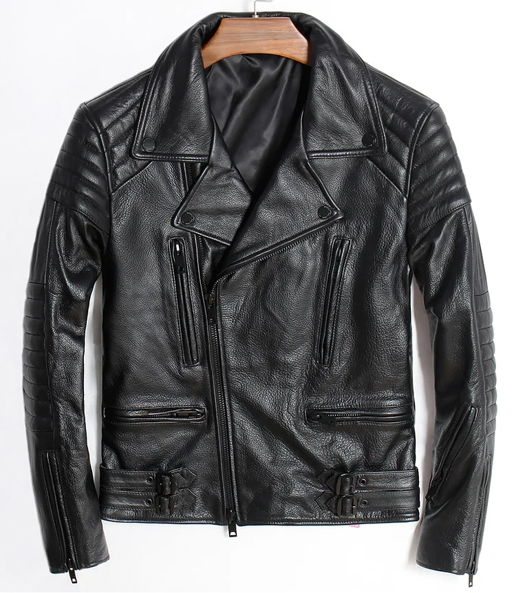 

Plus Size Classic Cowhide Jackets Fashion Men's Genuine Leather Jacket Slim Motor Biker Coat