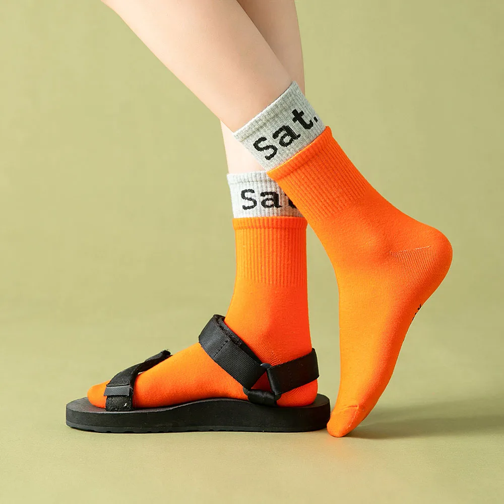 New women's color matching letters pure cotton fashion solid casual week socks 7 Pair