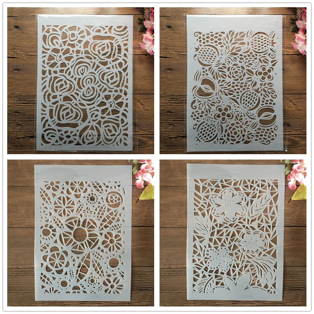 

4Pcs A4 29cm Flower Candy Texture DIY Layering Stencils Painting Scrapbook Embossing Hollow Embellishment Printing Lace Ruler