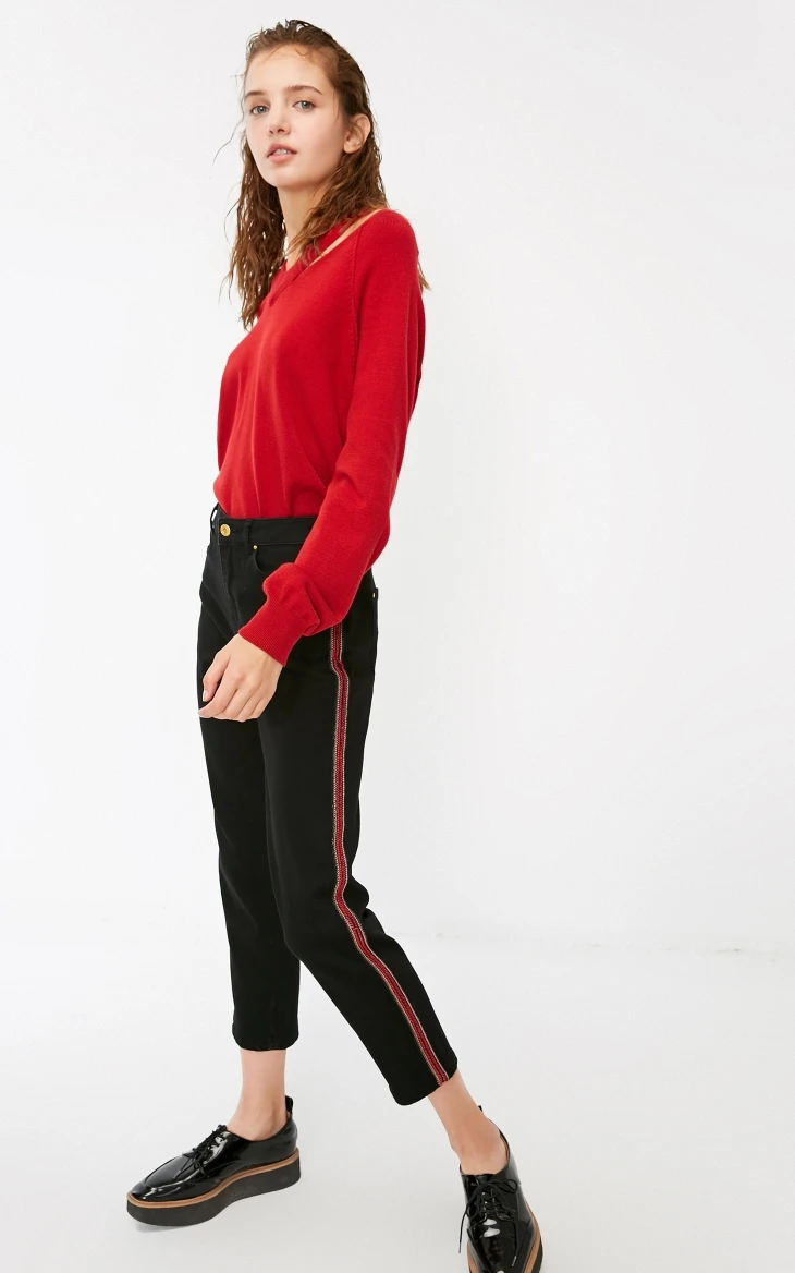 Vero Moda Новые поступления BF стиль боковые полоски прямые джинсы потертые | 318349577