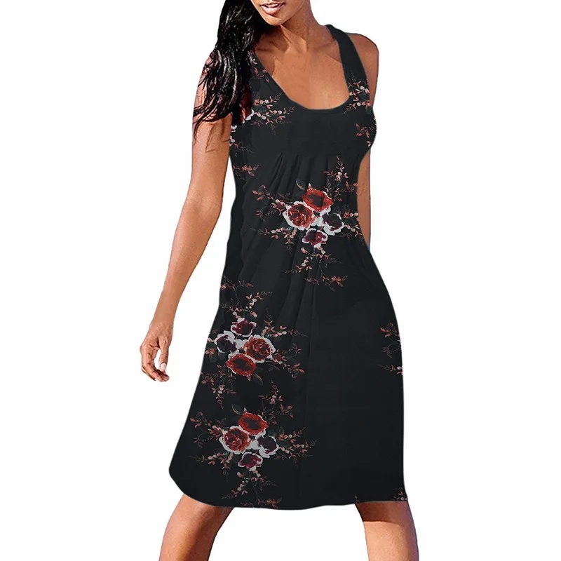 Женское платье средней длины без рукавов свободное трапеция с квадратным