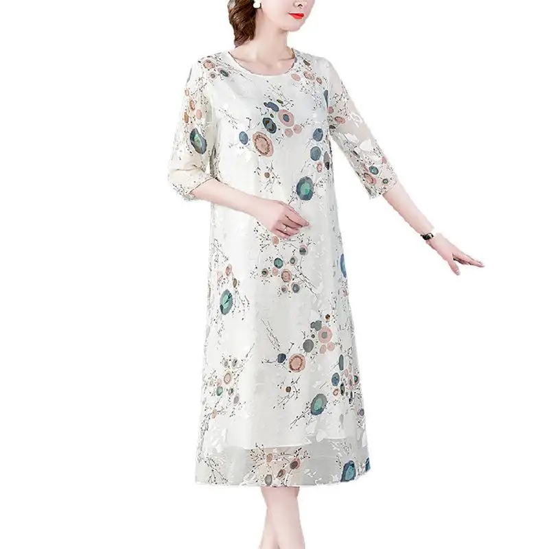 

Plus size long summer dress half sleeve elegant floral print casual beige dress vintage Chinese style women dress large size