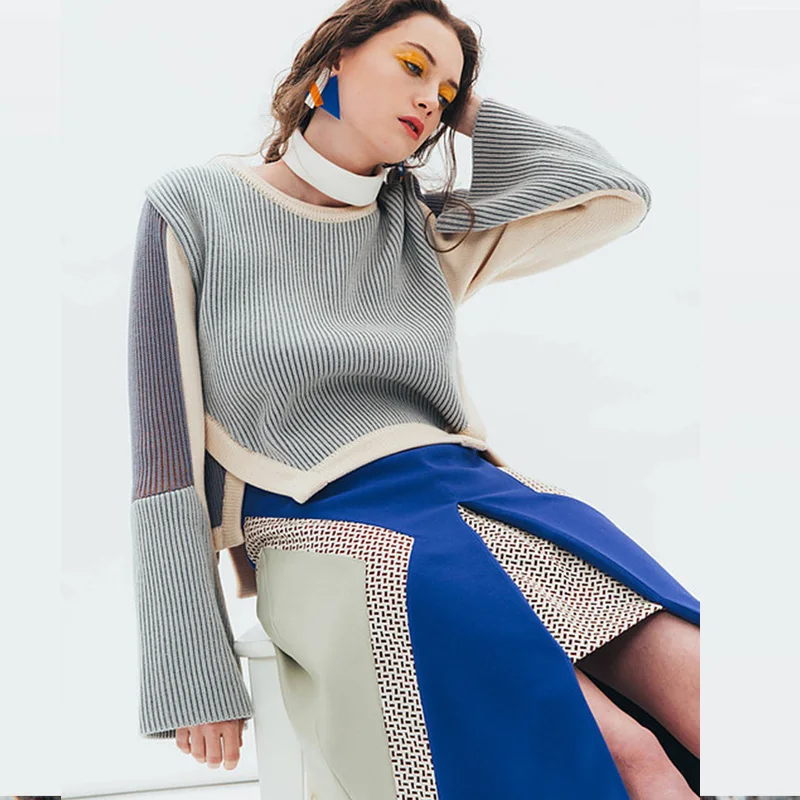 Женский свитер с круглым вырезом CLUXERCER Асимметричный свободный Однотонный