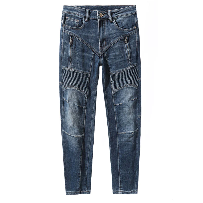 Street Style Fashion Men Jeans Retro Blue Slim Fit Elastic Zipper Spliced Designer Biker Jeans Men Hip Hop Denim Punk Pants