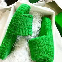 2022 green winter new brand women slipper fashion green fur slides high quality soft sole comfort open toe house flip flops