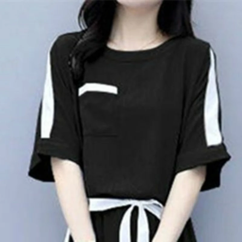Женский комплект новые модные однотонные футболки с коротким рукавом и широкие