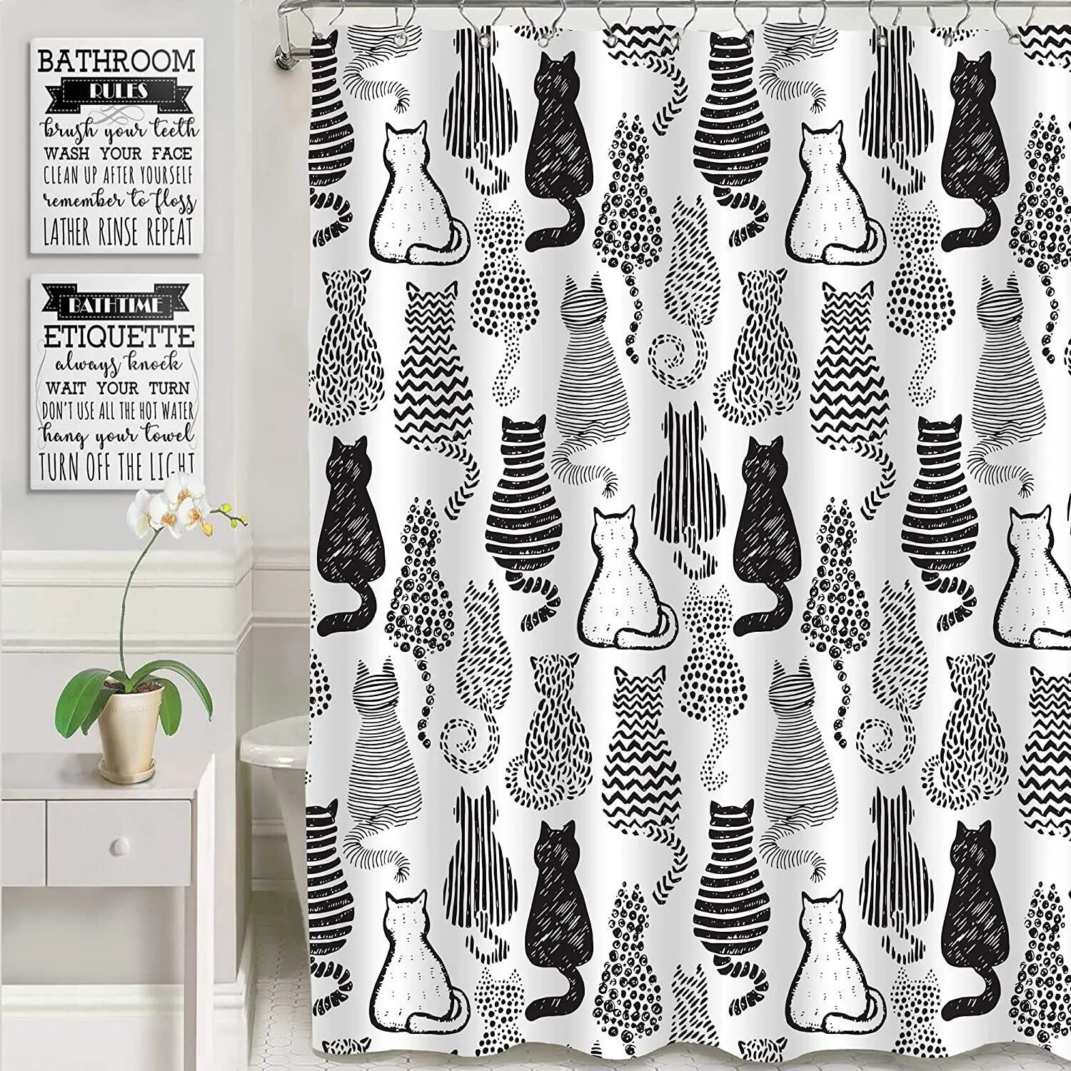 

Черно-белая занавеска для душа в виде кошки, набор с милым абстрактным котенком, подарки женщинам и девочкам, тканевая занавеска для ванной комнаты, декор для ванной комнаты