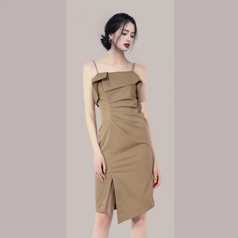 

Women's Lightly Mature Pleated Suspender Dress Mid-Length Elegant Slim French off-Shoulder Dress