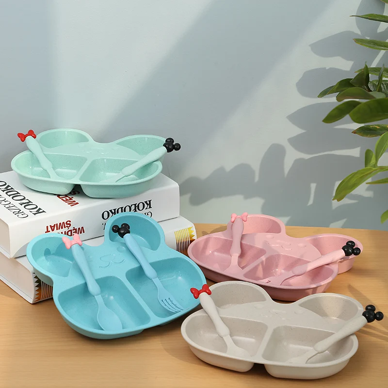 

Wheat Straw Plates Baby Training Bowl Plate+spoon+fork Cute Bear Food Tableware Set Kids Dishes OPP Packaging for Baby Feeding