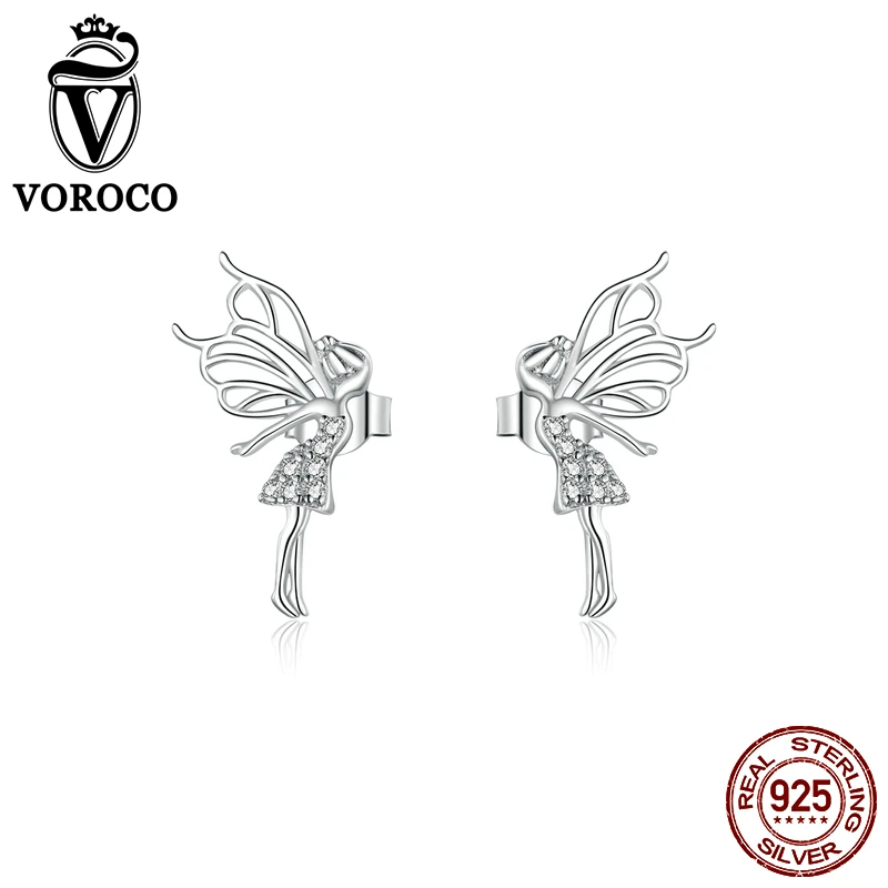 Серьги VOROCO BNE338 с цветком и эльфом из настоящего серебра 925 пробы женские