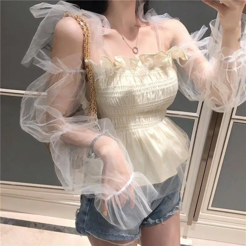 

Fashion Vintage Mesh Lace Blouse Shirt Summer Elegant Puff Sleeve Women Tops Pullove Sexy Perspective Ruffles Chiffon Shirt