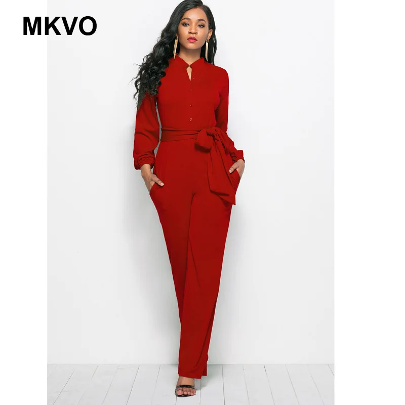 Женский Осенний однотонный комбинезон с длинными рукавами и широкими штанинами