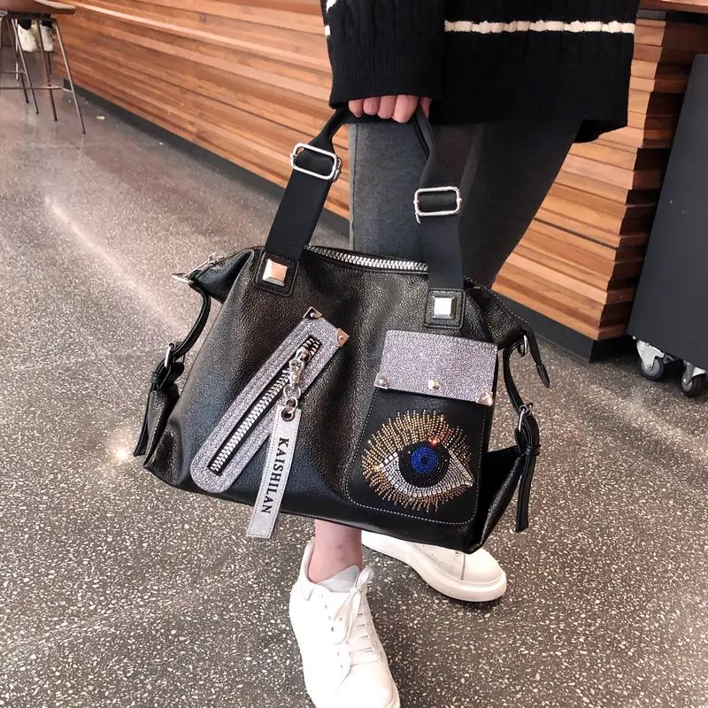 

Rhinestone Large Size Tote Bags for Women Handbag Microfiber Synthetic Leather Luxury Stars Big Eye Shoulder Crossbody Purses