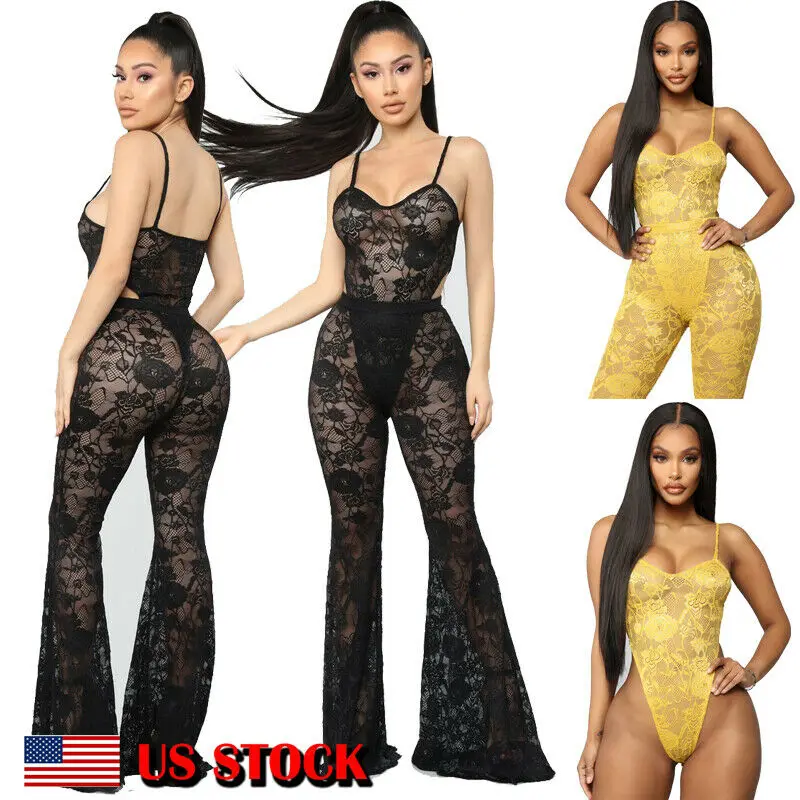

US Sexy Women Two-piece Bodysuit Romper Set Off Shoulder Crop Top Blouse+ Pants