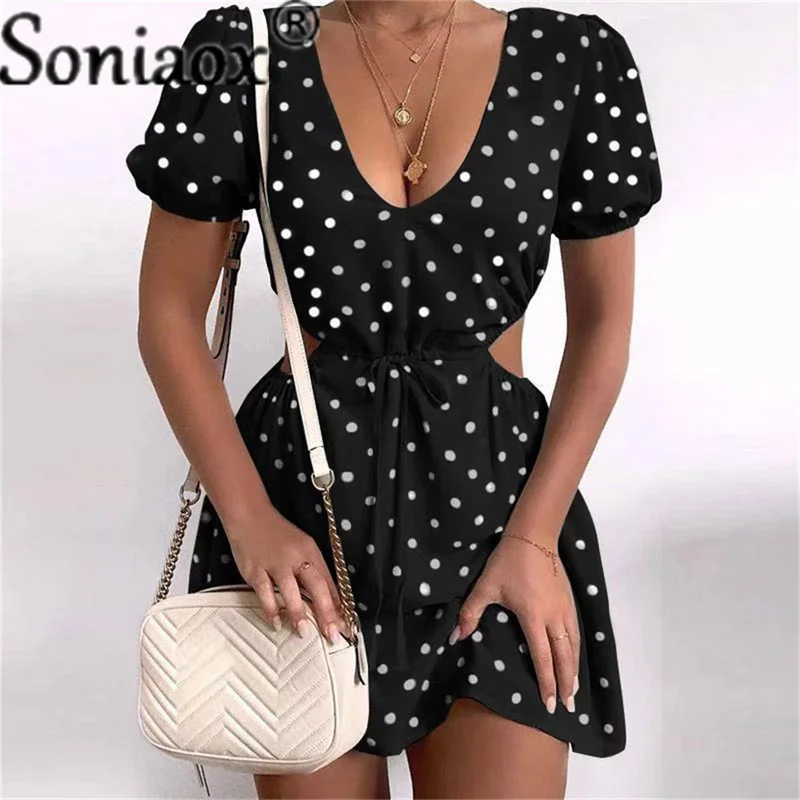 

Women Summer Beach Boho Dress 2021 Sexy V-Neck Hollow Waist Short Sleeve Mini Dress Vintage Dot Printed Party Dresses Plus Size