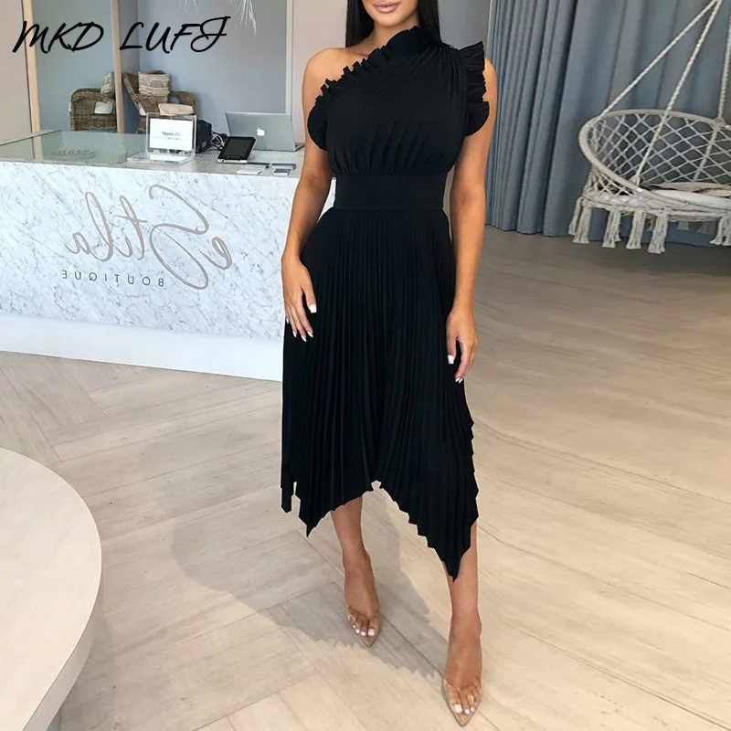 Однотонное плиссированное платье с оборками и узкой талией женское сексуальное