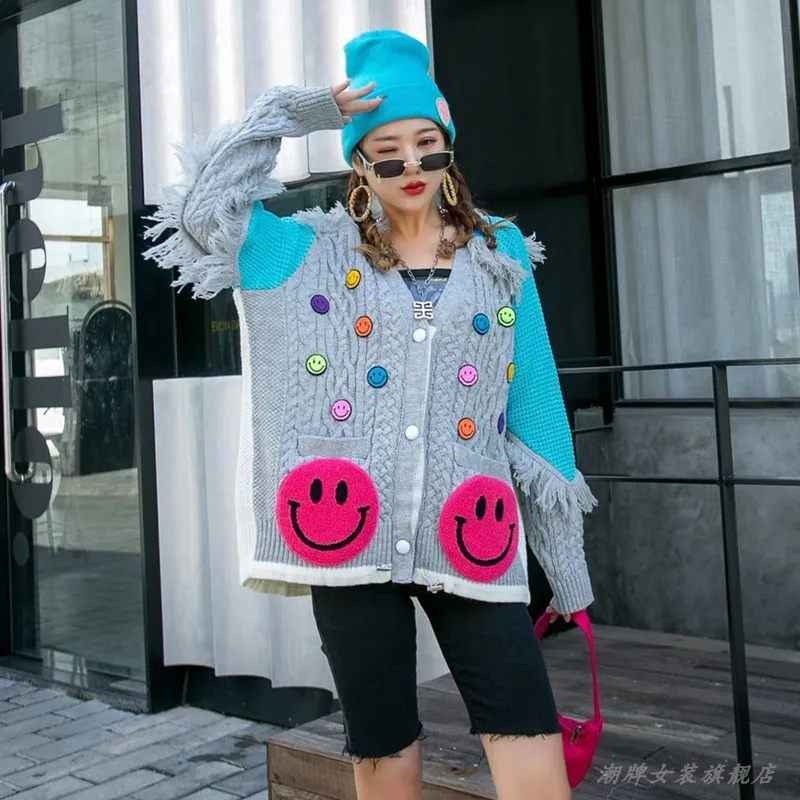 Женский вязаный кардиган с бахромой QING MO свитер V образным вырезом и мультяшным