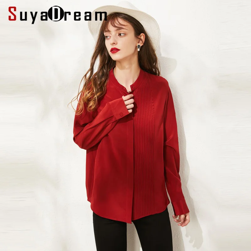 Женская однотонная шелковая блузка SuyaDream офисная с воротником-стойкой и длинным
