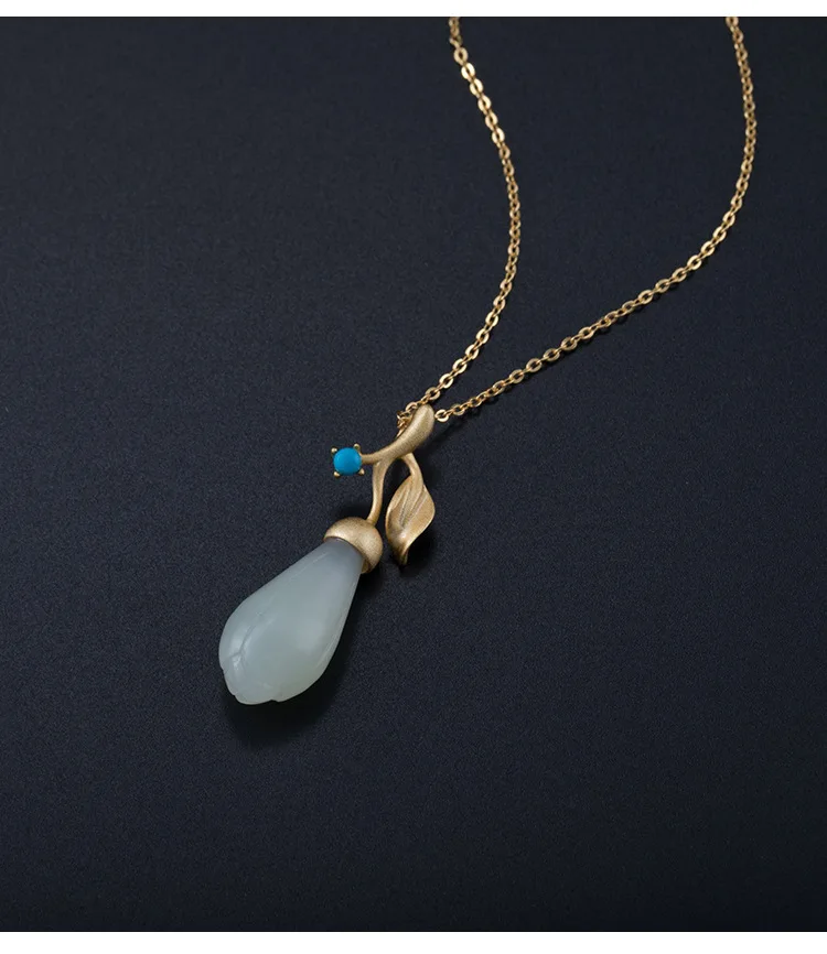 

S925 silver magnolia branch pendant necklace Chinese style natural Hetian ja de ethnic style necklace clavile Chain