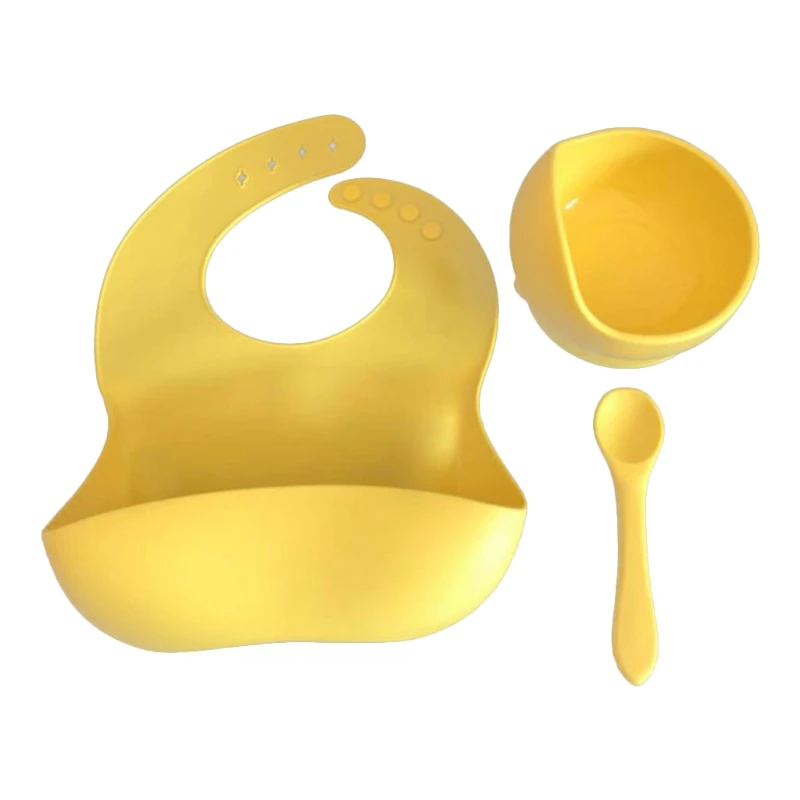 

3 Pcs Baby Bibs+Suction Dish Bowl Plate+Spoon Set Waterproof Silicone Tableware A2UB